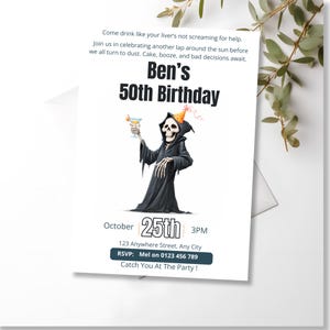 Funny dark humor birthday invitation card and envelope on a white background with eucalyptus leaves