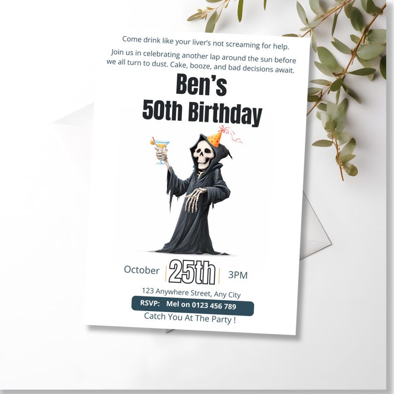 Funny dark humor birthday invitation card and envelope on a white background with eucalyptus leaves