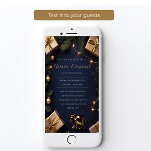 White Elephant gift exchange evite on a phone screen, ready to text to party guests, elegant navy and gold Christmas invitation