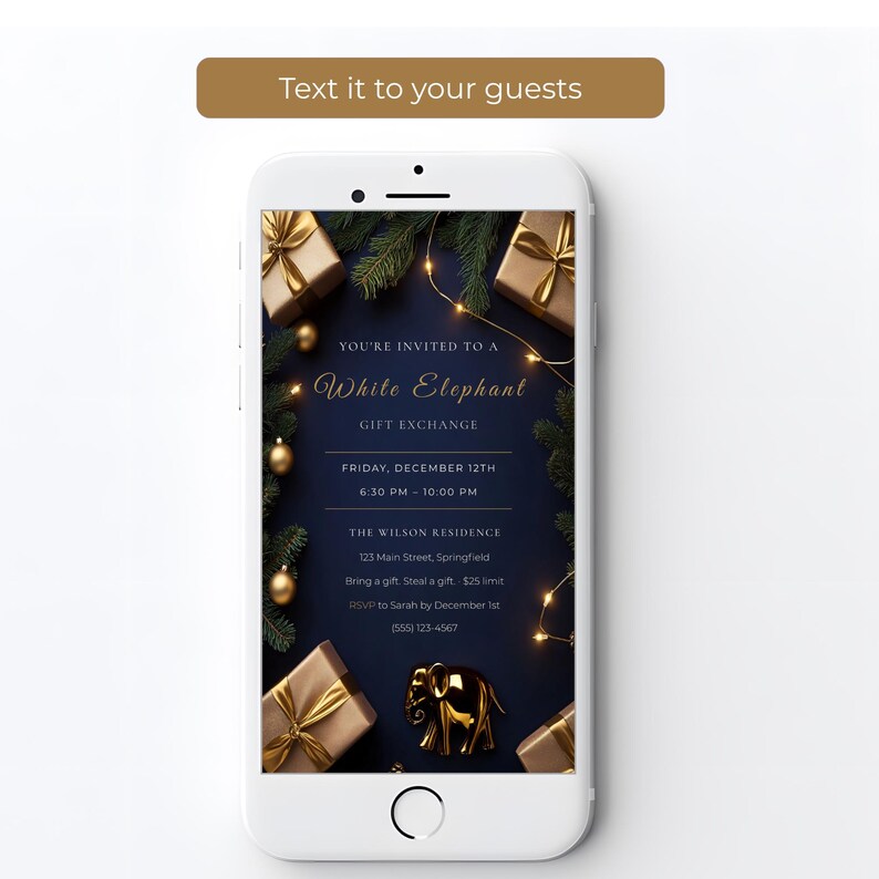 White Elephant gift exchange evite on a phone screen, ready to text to party guests, elegant navy and gold Christmas invitation