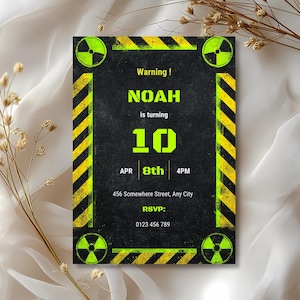 Radioactive birthday invitation displayed as a full design layout with industrial hazard theme, neon warning accents, and structured event details for a boys birthday party