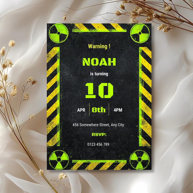 Radioactive birthday invitation displayed as a full design layout with industrial hazard theme, neon warning accents, and structured event details for a boys birthday party