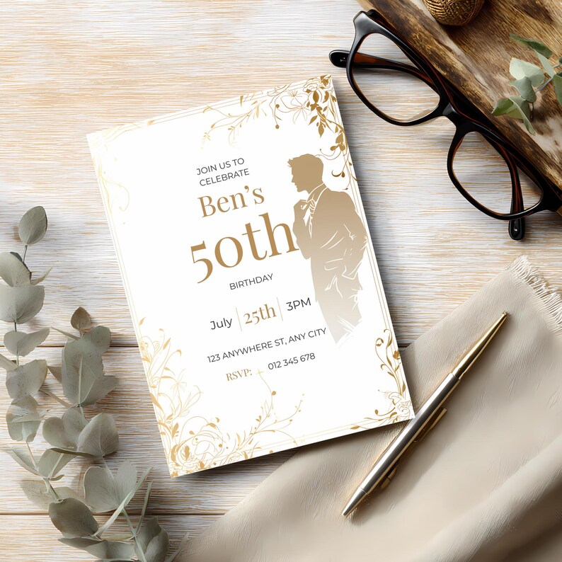 Editable mens birthday invitation template in Canva showing white and gold layout with male silhouette.