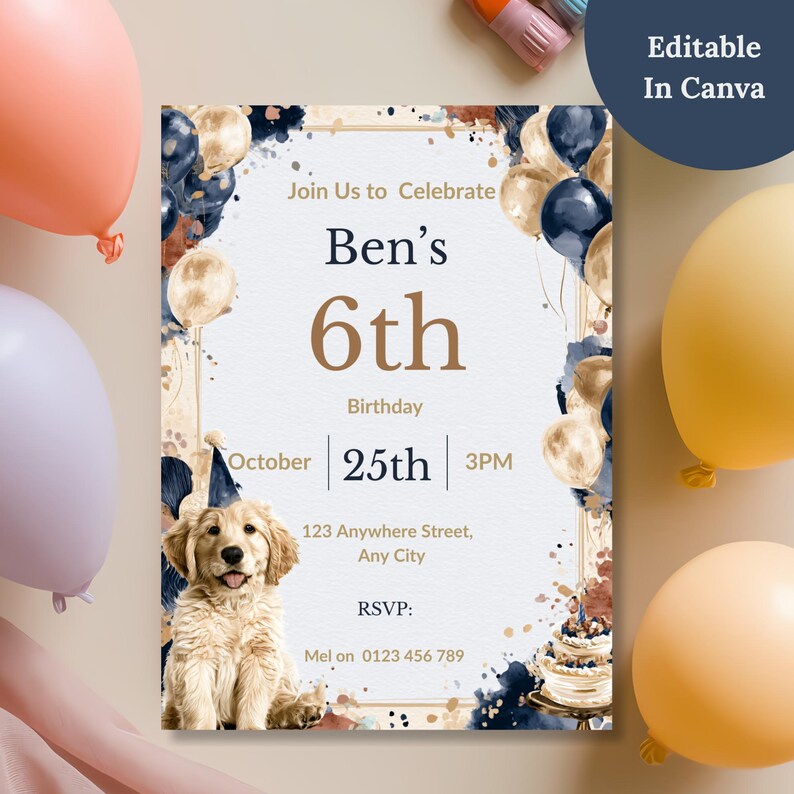 Editable Canva watercolor puppy birthday invitation flat lay with navy and gold balloons, Editable in Canva badge