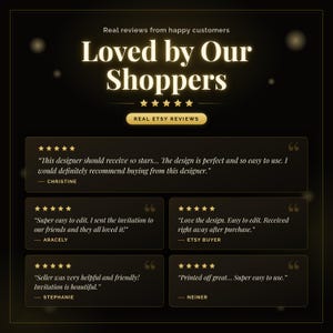 Real Etsy customer reviews praising easy editing, beautiful invitation design and fast download, with five-star ratings
