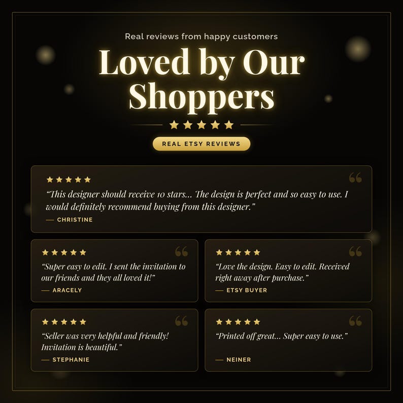 Real Etsy customer reviews praising easy editing, beautiful invitation design and fast download, with five-star ratings