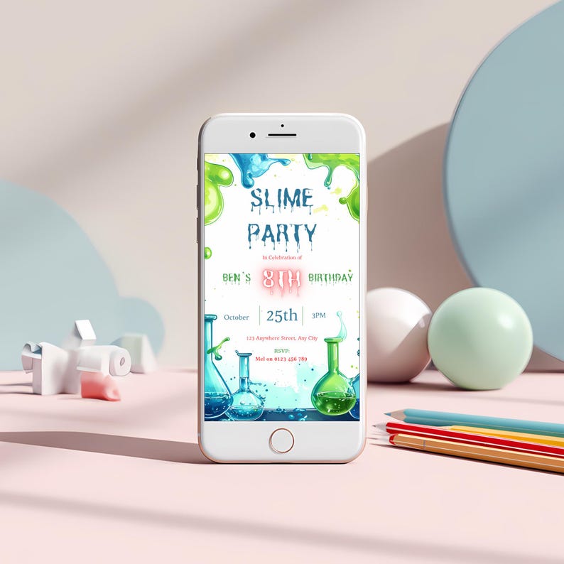 Mobile version of a slime party invitation displayed on a phone screen, 1080 by 1920 pixel editable digital invite