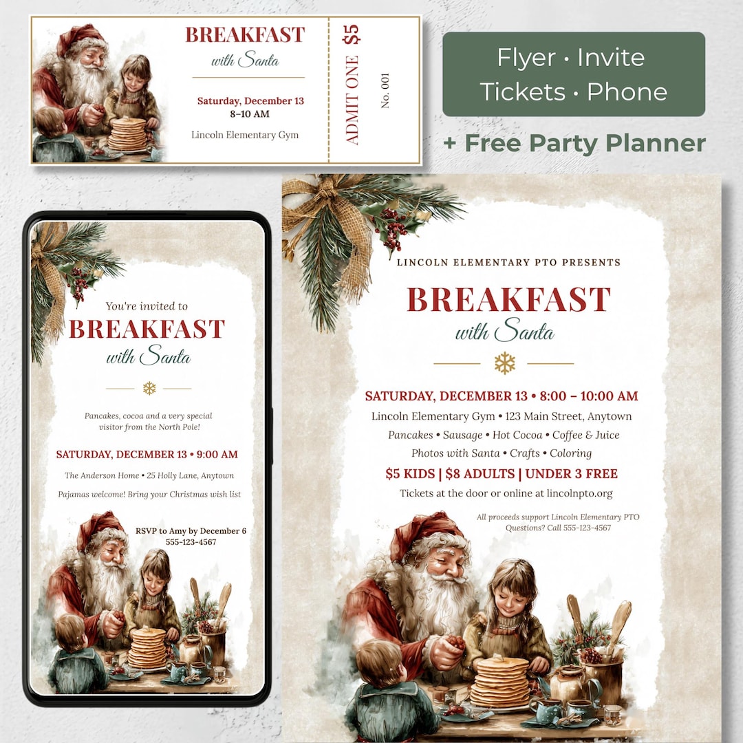 Vintage Breakfast with Santa flyer, invitation, tickets and phone evite