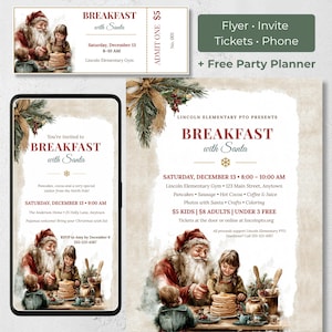 Editable Breakfast with Santa flyer, invitation, admission tickets and phone evite in a vintage storybook style, plus a free party planner
