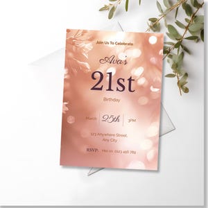 Peach floral 21st birthday invitation mockup showing elegant soft design, editable Canva