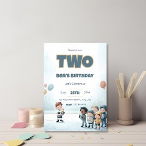 Watercolor ice hockey birthday invitation featuring child holding trophy and group of kids clapping, soft pastel tones and celebratory confetti details