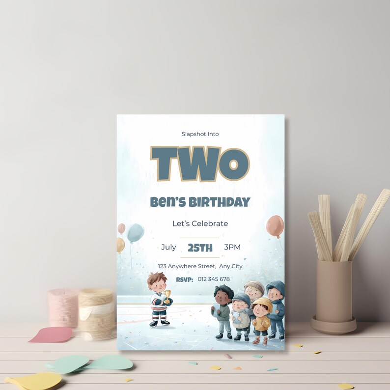 Watercolor ice hockey birthday invitation featuring child holding trophy and group of kids clapping, soft pastel tones and celebratory confetti details