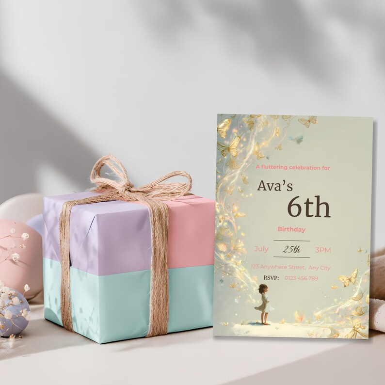 Fairytale butterfly birthday invitation template for girls with whimsical glowing butterflies and dreamy pastel design