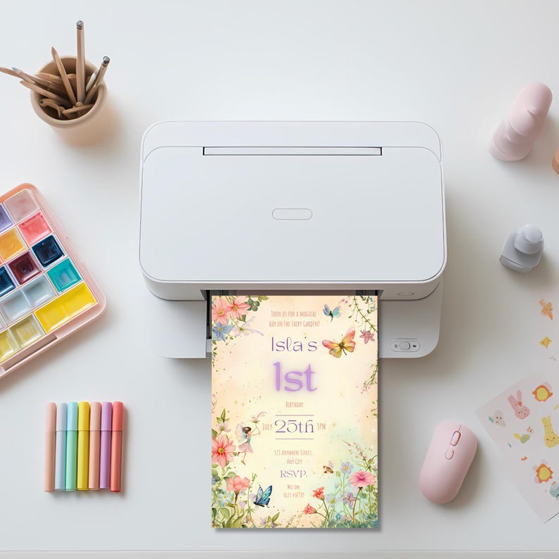 Fairy garden birthday invitation template being printed from a white home printer, surrounded by watercolor paints and pastel markers, demonstrating the print-ready 5x7 inch format