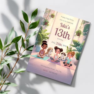 Pastel puppy yoga birthday invitation featuring three girls with different hairstyles and outfits sitting cross-legged in a calm indoor yoga scene with two small dogs