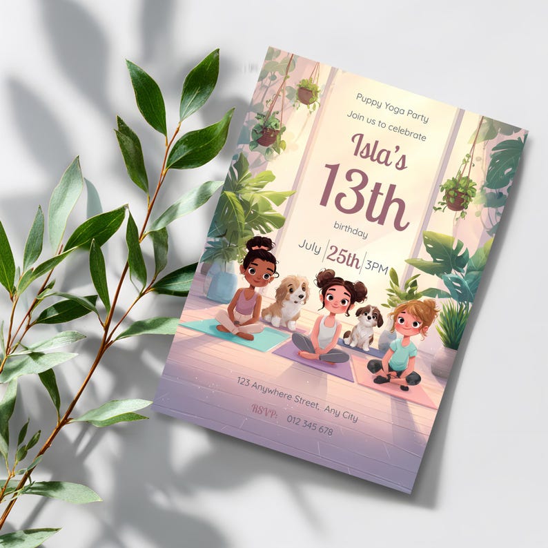 Pastel puppy yoga birthday invitation featuring three girls with different hairstyles and outfits sitting cross-legged in a calm indoor yoga scene with two small dogs