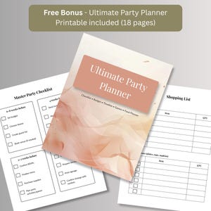Free bonus 18-page printable party planner with master party checklist, shopping list and budget pages