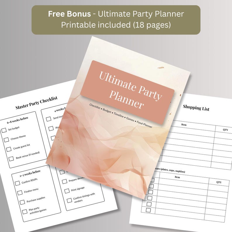 Free bonus 18-page printable party planner with master party checklist, shopping list and budget pages