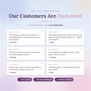 Real Etsy shop reviews from customers praising easy editing, instant download and friendly support, five-star ratings