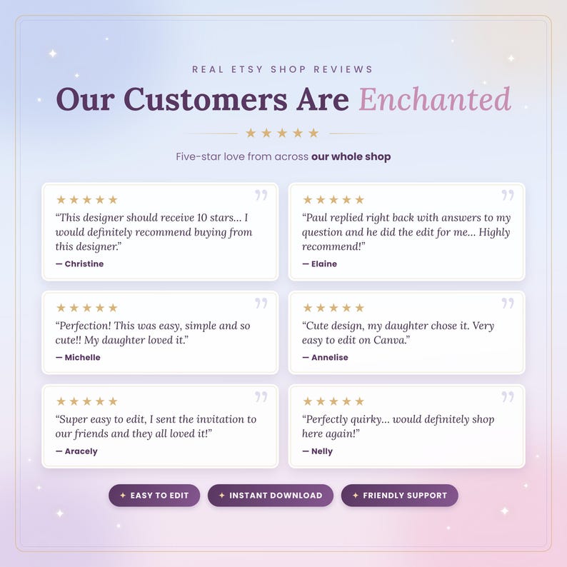 Real Etsy shop reviews from customers praising easy editing, instant download and friendly support, five-star ratings