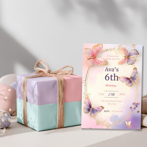 magical butterfly birthday invitation pastel pink purple fairy butterfly party invite editable canva template