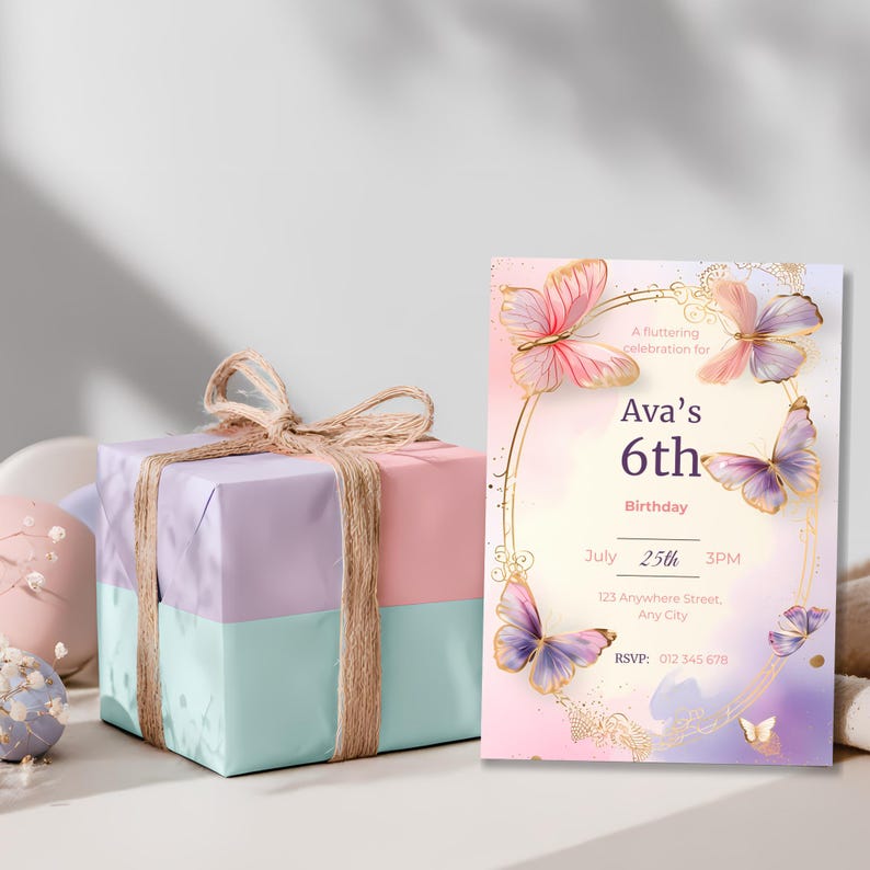 magical butterfly birthday invitation pastel pink purple fairy butterfly party invite editable canva template