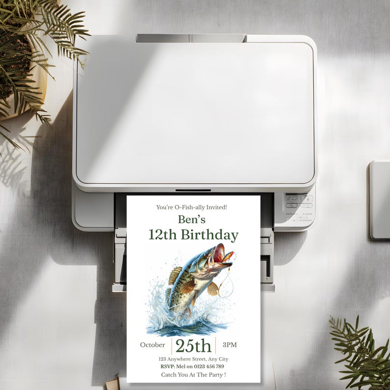Fishing birthday invitation printing at home from a personal printer, print-ready digital download