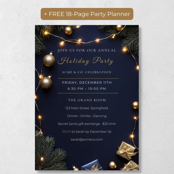 Elegant Navy & Gold Office Holiday Party Invitation