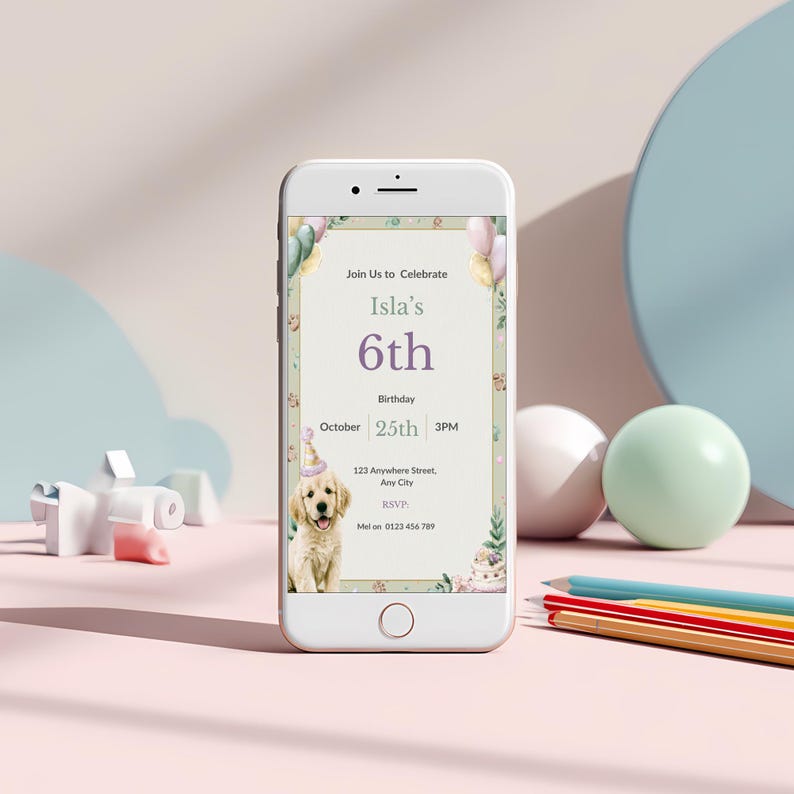 Puppy birthday invitation mobile version displayed on smartphone screen, 1080x1920 digital invite for texting