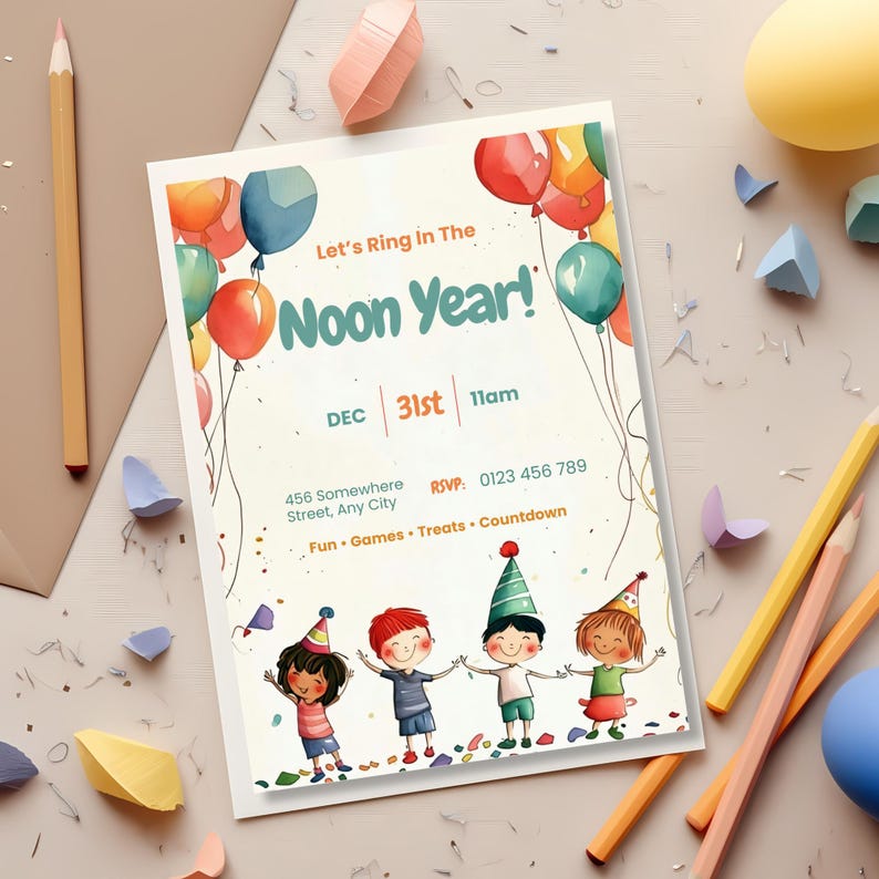 Kids Noon Year countdown party invite on a craft table with colored pencils, envelope and paper confetti