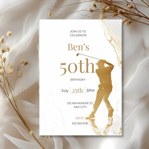 Luxury mens birthday invitation template featuring minimalist white and gold marble design