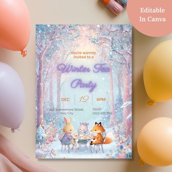 Editable in Canva badge on winter woodland tea party birthday invitation