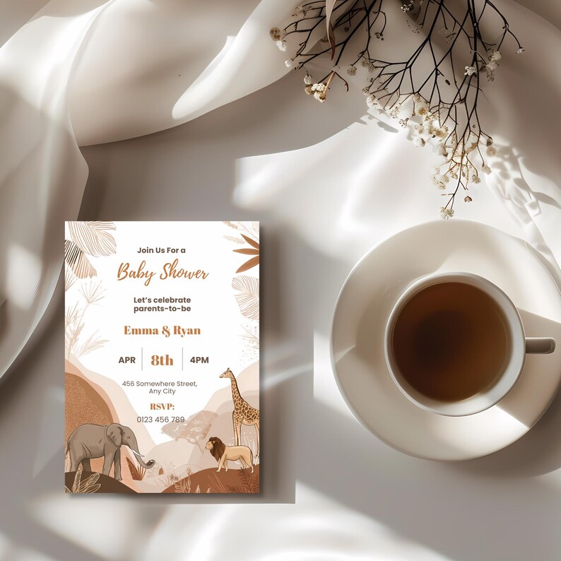 Gender neutral boho safari baby shower invitation colour palette featuring soft beige taupe warm brown and muted earthy tones, minimalist jungle design
