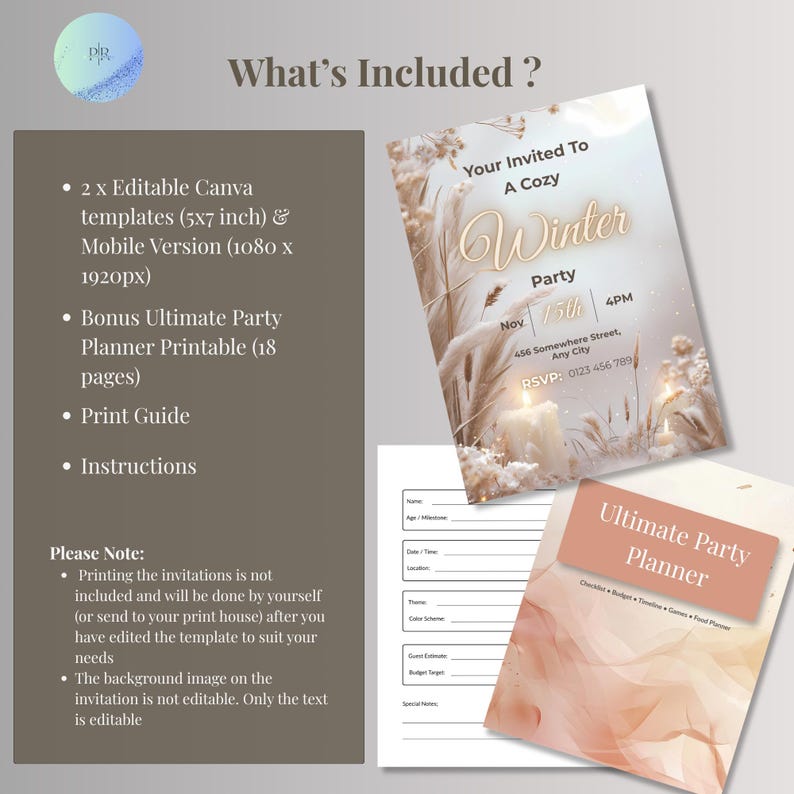 What's included graphic for neutral boho winter invitation template with bonus party planner