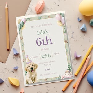 Watercolor puppy invitation flat lay with colored pencils and paint palette, creative party planning scene