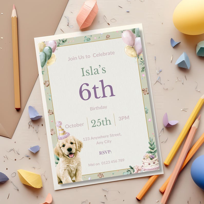 Watercolor puppy invitation flat lay with colored pencils and paint palette, creative party planning scene