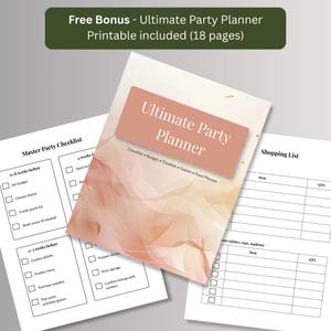 Free bonus 18-page printable party planner with master party checklist, shopping list and budget pages