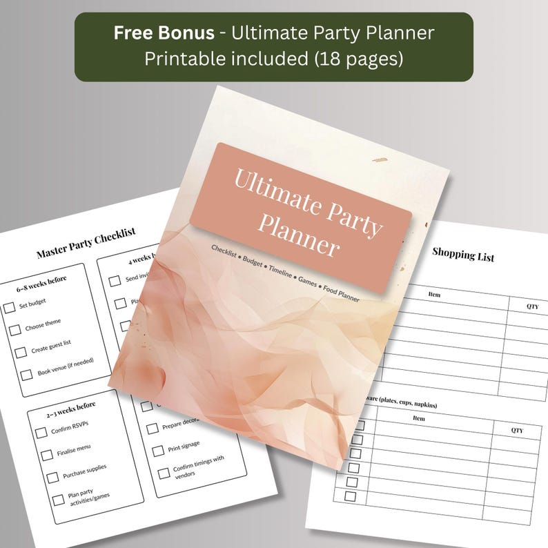 Free bonus 18-page printable party planner with master party checklist, shopping list and budget pages
