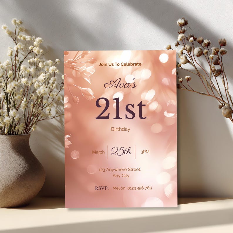 Peach 21st birthday invite with delicate flowers, dreamy bokeh background, editable template