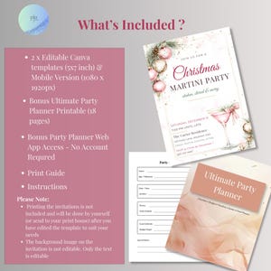 What's included: two editable Canva invitation templates in 5x7 and mobile sizes, an 18-page party planner printable, party planner web app access, a print guide and instructions.