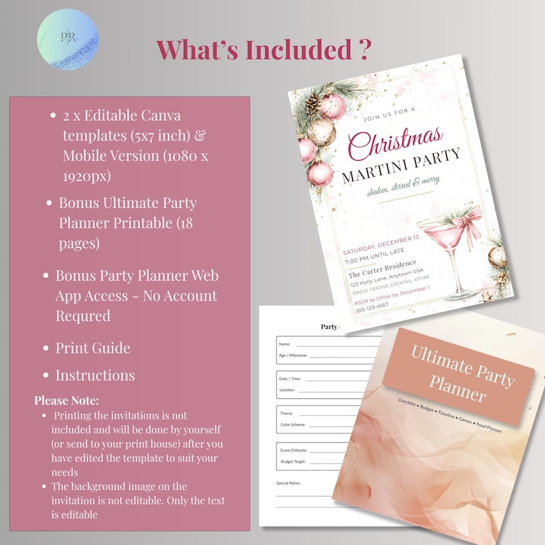 What's included: two editable Canva invitation templates in 5x7 and mobile sizes, an 18-page party planner printable, party planner web app access, a print guide and instructions.