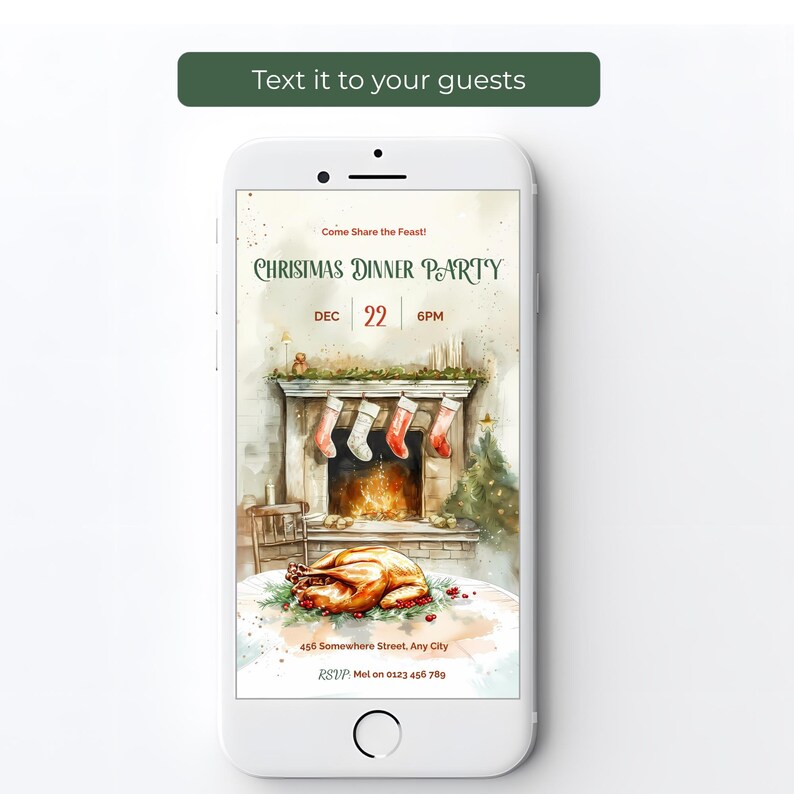 Christmas dinner party evite on a smartphone screen, ready to text to friends, neighbors or coworkers
