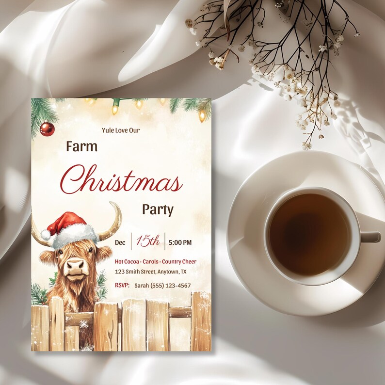 Printed highland cow Christmas party invitation on soft cream silk with dried winter branches and a cup of tea, a cozy farmhouse holiday invite
