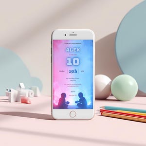 Video game birthday invitation shown on mobile phone screen, 1080x1920 digital invite for texting or sharing on social media