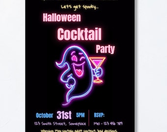 Halloween Party Invitation | Adult Cocktail Party Invite | Neon Ghost | Editable Canva Template