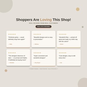 Five star Etsy reviews praising easy to edit templates and fast printable designs from this Canva template shop