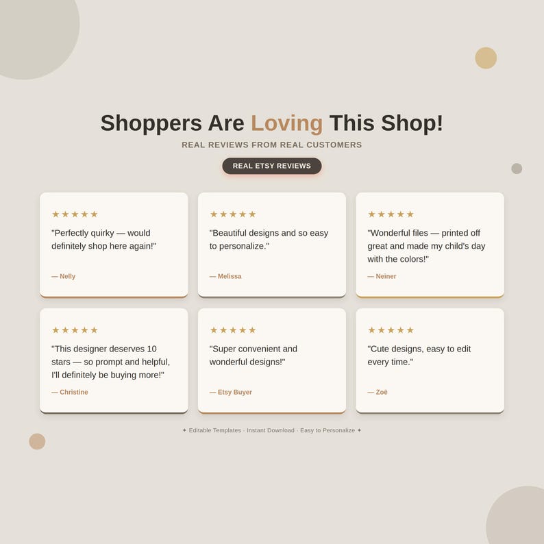 Five star Etsy reviews praising easy to edit templates and fast printable designs from this Canva template shop