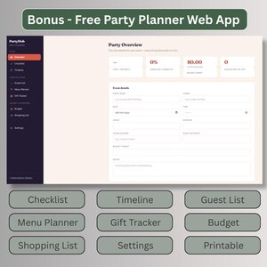 Free bonus party planner web app with checklist, timeline, guest list, menu planner, gift tracker, budget and shopping list, no account needed