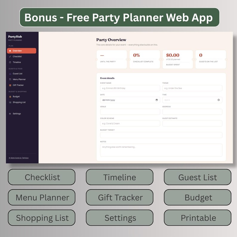 Free bonus party planner web app with checklist, timeline, guest list, menu planner, gift tracker, budget and shopping list, no account needed