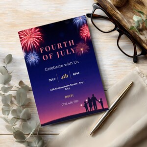 Editable patriotic invitation template with fireworks night theme and modern Fourth of July celebration design